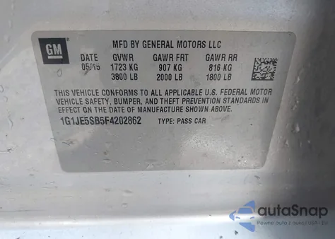 2015 Chevrolet Sonic Ltz z USA, uszkodzony, nr VIN 1G1JE5SB5F4202862